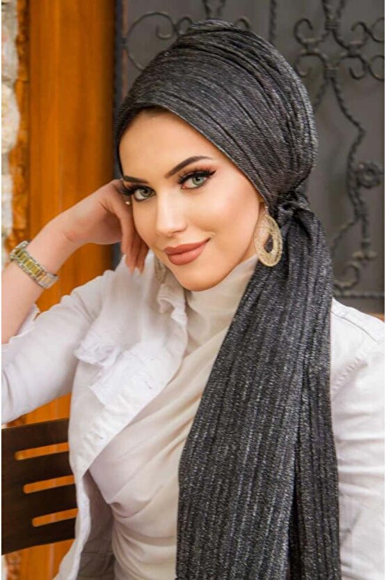 Siyah Gümüş Piliseli Kelebek Model Bantlı Abiye Bone Şal