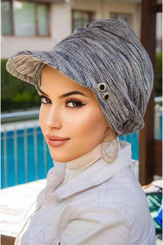 Kot Mavi Melanj Metal Detaylı Tesettür Şapka Bone