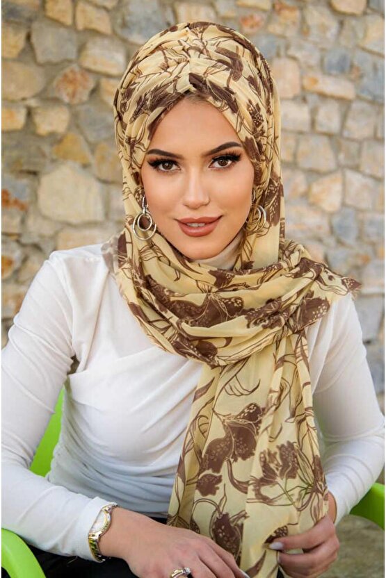 Uçuk Sarı Kahve Çiçek Desen Hazır Şal