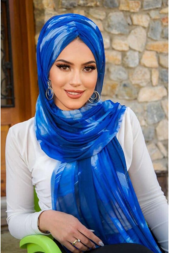 Saks Mavi Batik Desen Hazır Şal