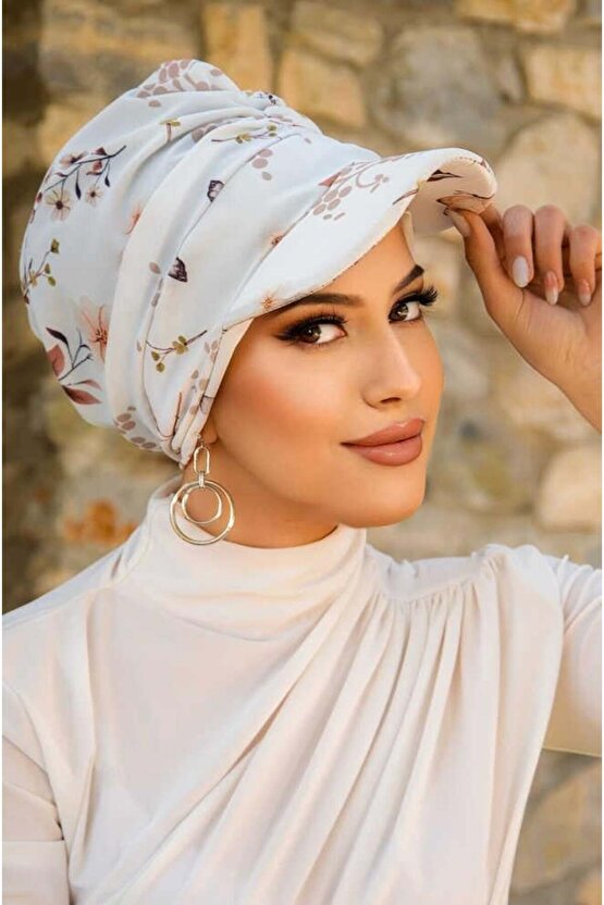 Beyaz Çiçek Desen Tesettür Şapka Bone