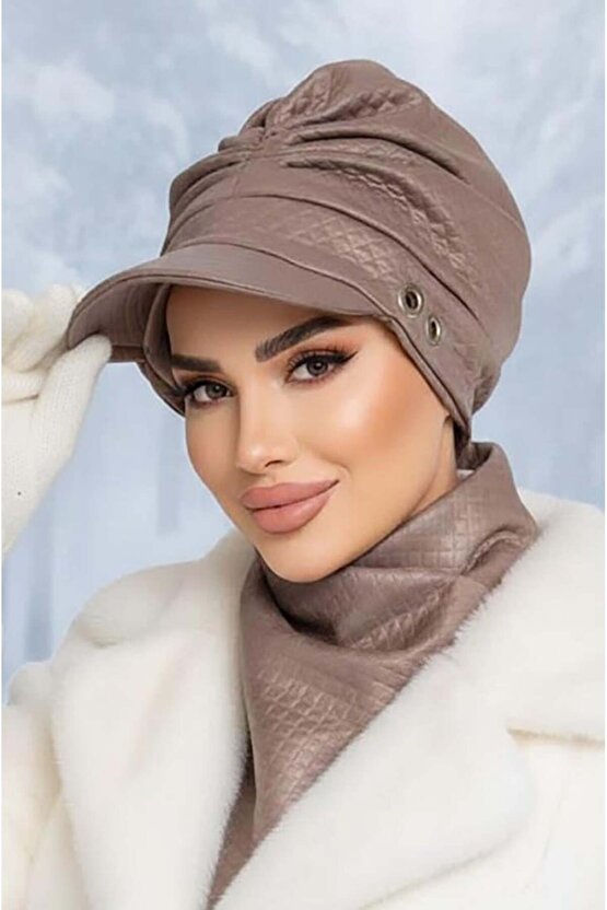 Vizon Metal Detaylı Büzgülü Tesettür Şapka Ve Etol Takım