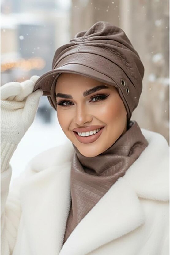 Vizon Metal Detaylı Büzgülü Tesettür Şapka Ve Etol Takım