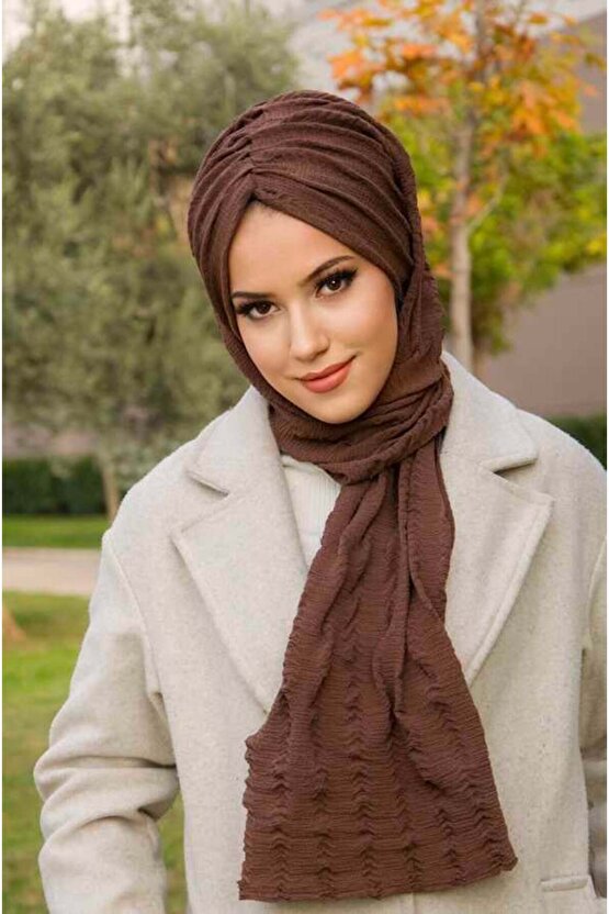 Kahve Kelebek Model Büzgülü Bone Şal