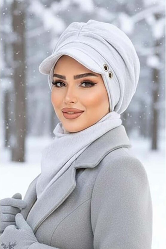 Eşofman Gri Metal Detaylı Büzgülü Tesettür Şapka Ve Etol Takım