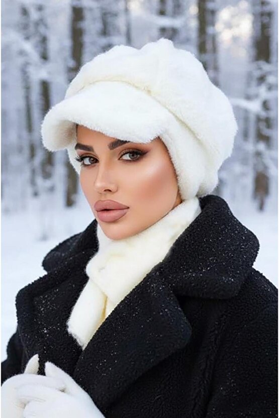 Krem Kürk Şapka ve Etol Takım