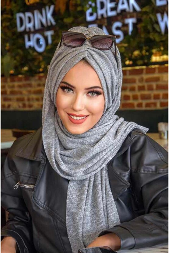 Gri Triko Büzgülü Hazır Şal