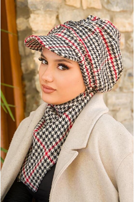 Kırmızı Kazayağı Büzgülü Tesettür Şapka