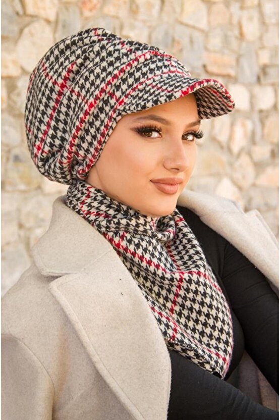 Kırmızı Kazayağı Büzgülü Tesettür Şapka