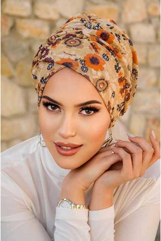 Camel Çiçek Desen Çapraz Bantlı Bone