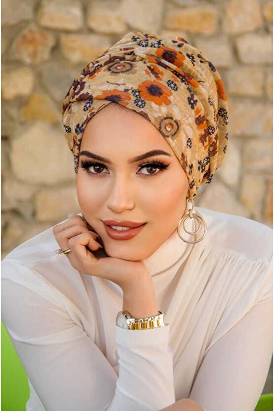 Camel Çiçek Desen Çapraz Bantlı Bone