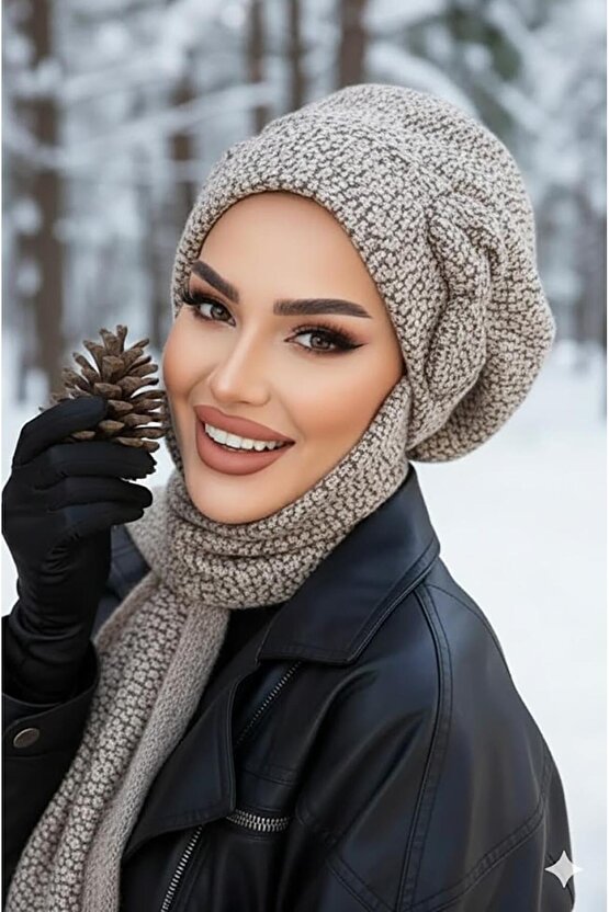 Gri Ekru Fiyonklu Tesettür Bere