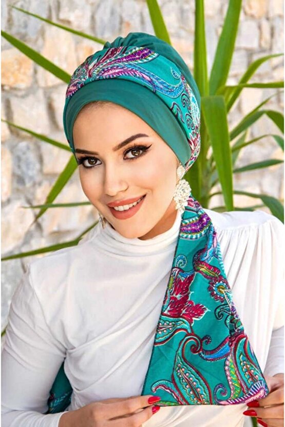 Zümrüt Etnik Desen Fularlı Bone