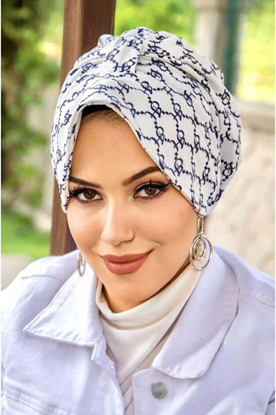 Lacivert Beyaz Hat Desenli Şapka Bone