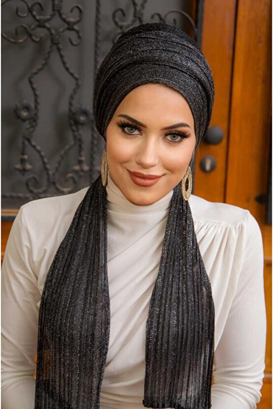 Siyah Gümüş Simli Piliseli Abiye Atkılı Bone