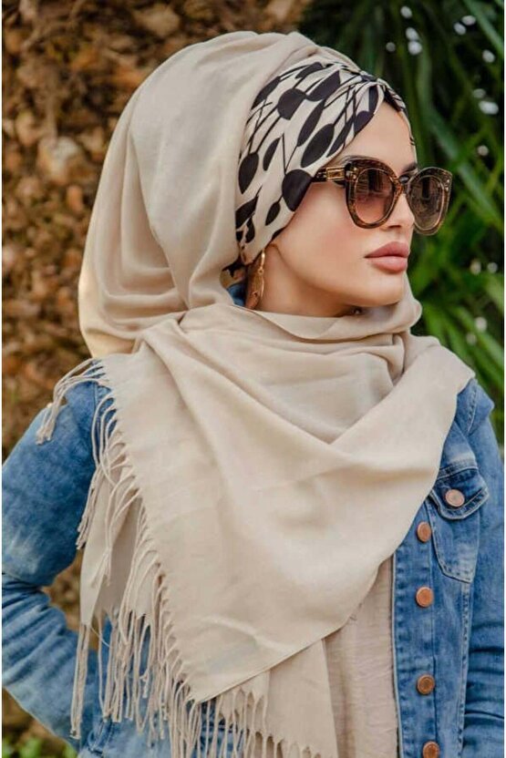 Bej Siyah Desenli Büzgülü Hazır Şal