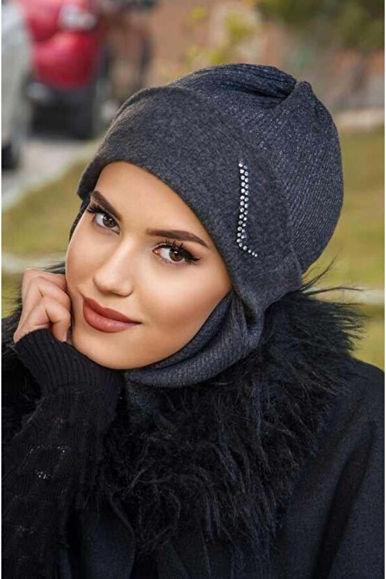Antrasit Taşlı Maskeli Bere