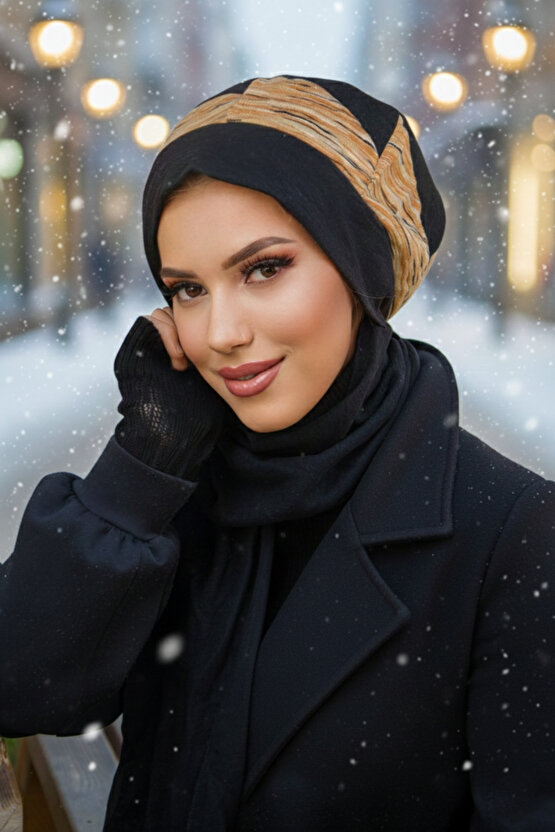 Zümrüt Bej Garnili Tesettür Bere