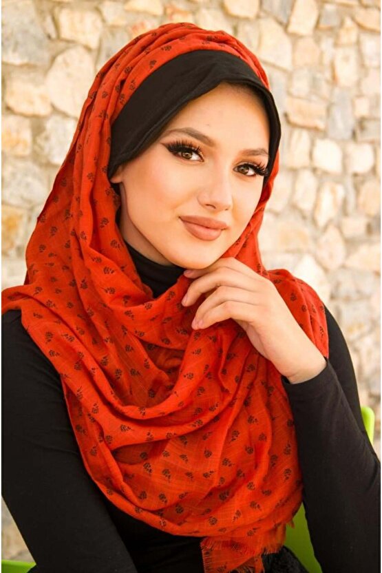 Taba Çiçek Baskılı Şapkalı Şal