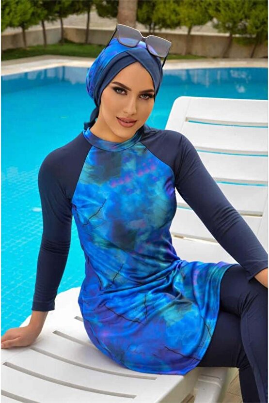 Lacivert Turkuaz Desenli Tesettür Mayo Takım