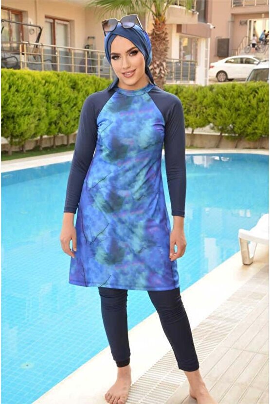 Lacivert Turkuaz Desenli Tesettür Mayo Takım