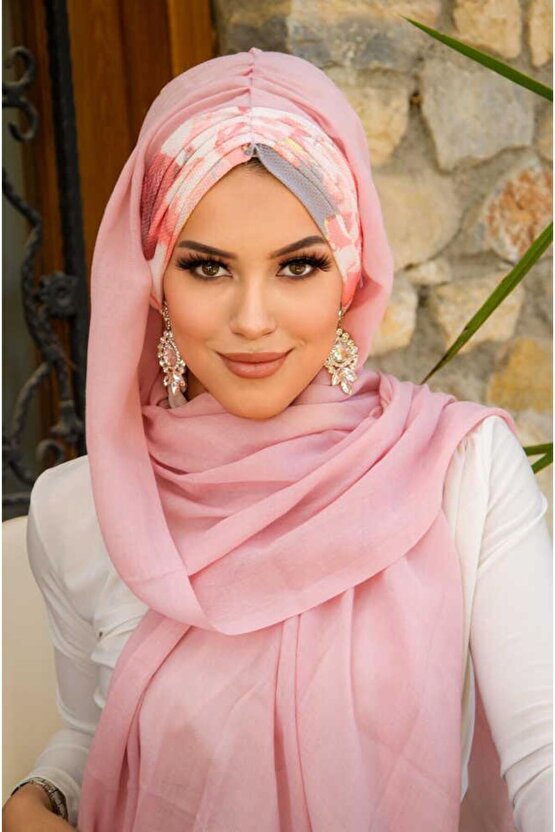 Pudra Somon Çiçek Desen Hazır Şal