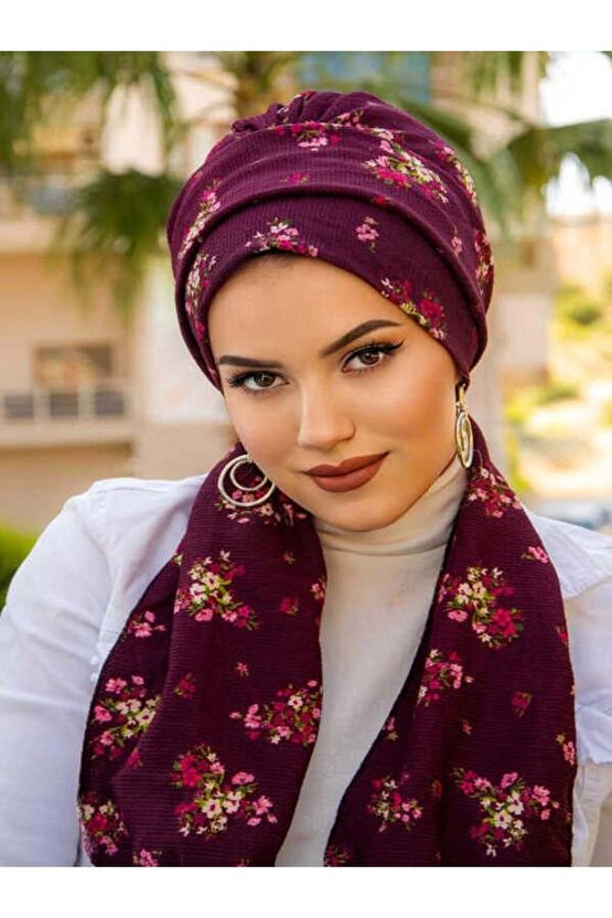 Mürdüm Buket Desenli Atkılı Bone