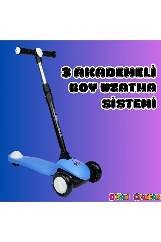 Lupa Katlanabilir Işıklı 3 Tekerlekli Mavi Scooter - Işıklı Scooter - Slikon Teker Scooter - Çocuk S