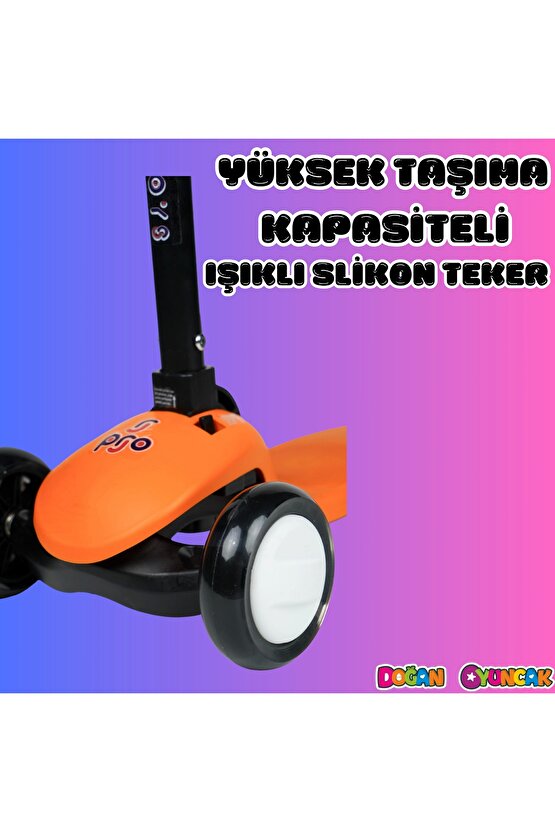 Lupa Katlanabilir Işıklı 3 Tekerlekli Turuncu Scooter - Işıklı Scooter - Slikon Teker Scooter - Çocu