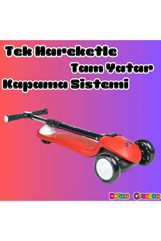 Lupa Katlanabilir Işıklı 3 Tekerlekli Kırmızı Scooter - Işıklı Scooter - Slikon Teker Scooter - Çocu