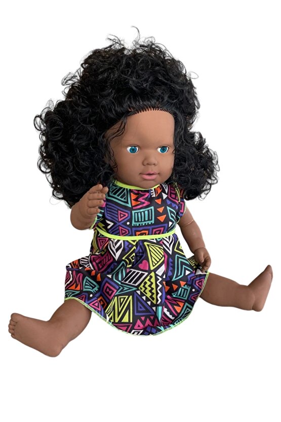 Oynar Gözlü Türkçe Konuşan Siyahi Nazlı Saçlı Et Bebek 60 Cm. - Konuşabilen Bebek - Saçlı Büyük Bebe