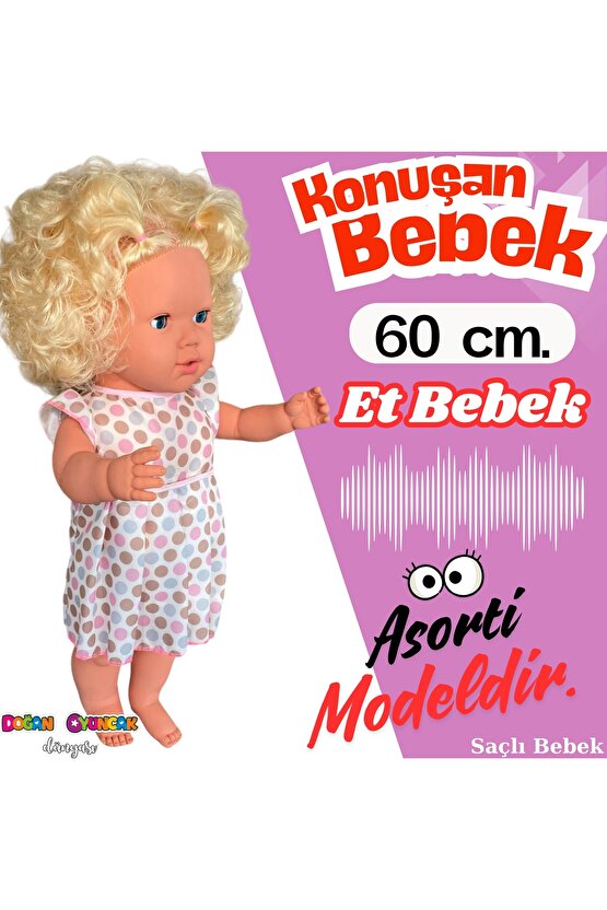 Oynar Gözlü Türkçe Konuşan Nazlı Saçlı Et Bebek 60 Cm. - Konuşabilen Bebek - Saçlı Büyük Bebek