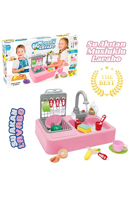 Su Akıtan Modern Mutfak Seti - Çeşmeli Işıklı ve Sesli Lavabo - Mutfak Seti - Su Akan Musluk - Pembe