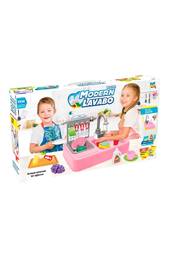 Su Akıtan Modern Mutfak Seti - Çeşmeli Işıklı ve Sesli Lavabo - Mutfak Seti - Su Akan Musluk - Pembe