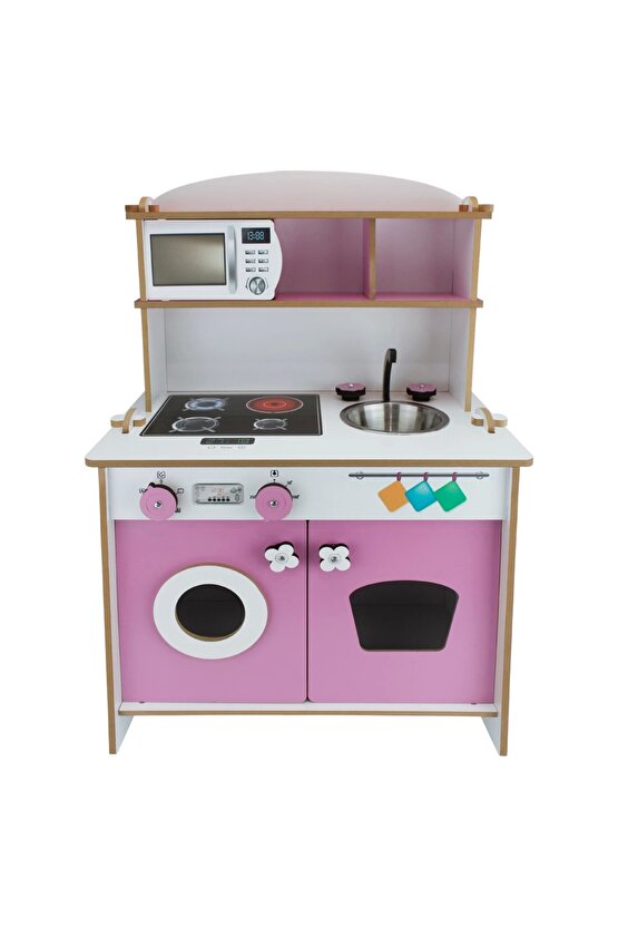 Pratik Hamarat Ahşap Mutfak - Ahşap Çocuk Mutfağı - Mutfak Seti - Kapaklı Mutfak - Pembe