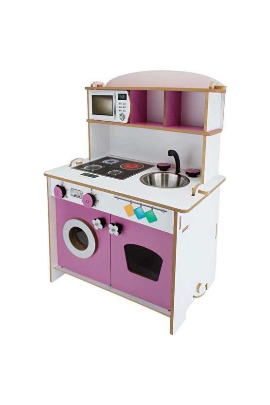 Pratik Hamarat Ahşap Mutfak - Ahşap Çocuk Mutfağı - Mutfak Seti - Kapaklı Mutfak - Pembe
