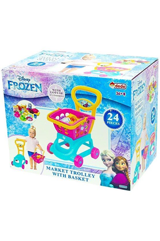 Lisanslı Kız Çocuk Frozen Elsa Sepetli Oyuncak Market Arabası 24 Parça Aksesuarlı