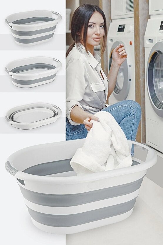 Gri Katlanır Çamaşır Sepeti (40 L.) - Katlanabilir Sepet - Çamaşırlık - Pratik Sepet 60 x 40 40 L P