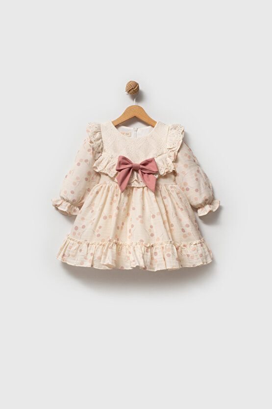Kız Bebek Elbise Kız Çocuk Elbise Puanlı Doğum Günü Parti Düğün Özel Gün Uzun Kol Fiyonk Astarlı