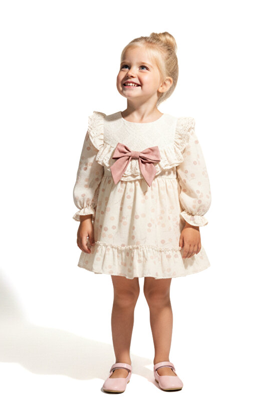Kız Bebek Elbise Kız Çocuk Elbise Puanlı Doğum Günü Parti Düğün Özel Gün Uzun Kol Fiyonk Astarlı