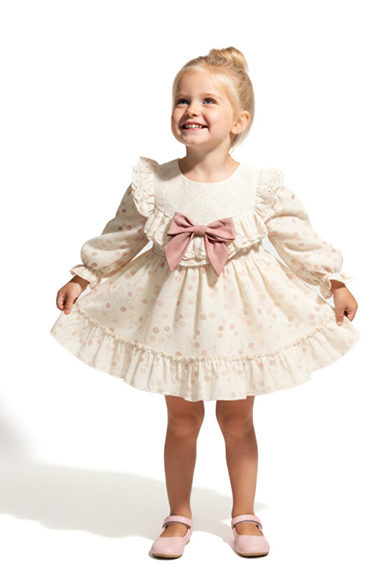 Kız Bebek Elbise Kız Çocuk Elbise Puanlı Doğum Günü Parti Düğün Özel Gün Uzun Kol Fiyonk Astarlı