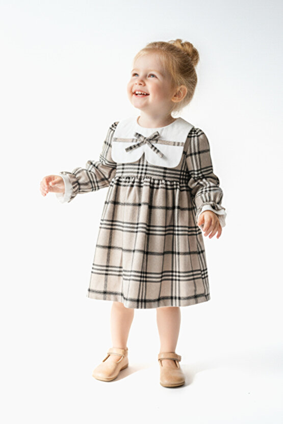 Kız Bebek Elbise Kız Çocuk Elbise Yakalı Doğum Günü Parti Düğün Özel Gün Uzun Kol Astarlı Kurdela