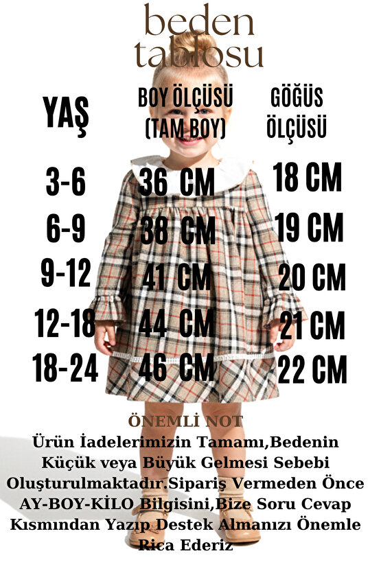 Kız Bebek Elbise Kız Çocuk Elbise Yakalı Doğum Günü Parti Düğün Özel Gün Uzun Kol Astarlı Ekose