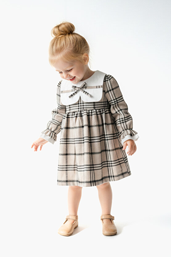 Kız Bebek Elbise Kız Çocuk Elbise Yakalı Doğum Günü Parti Düğün Özel Gün Uzun Kol Astarlı Kurdela