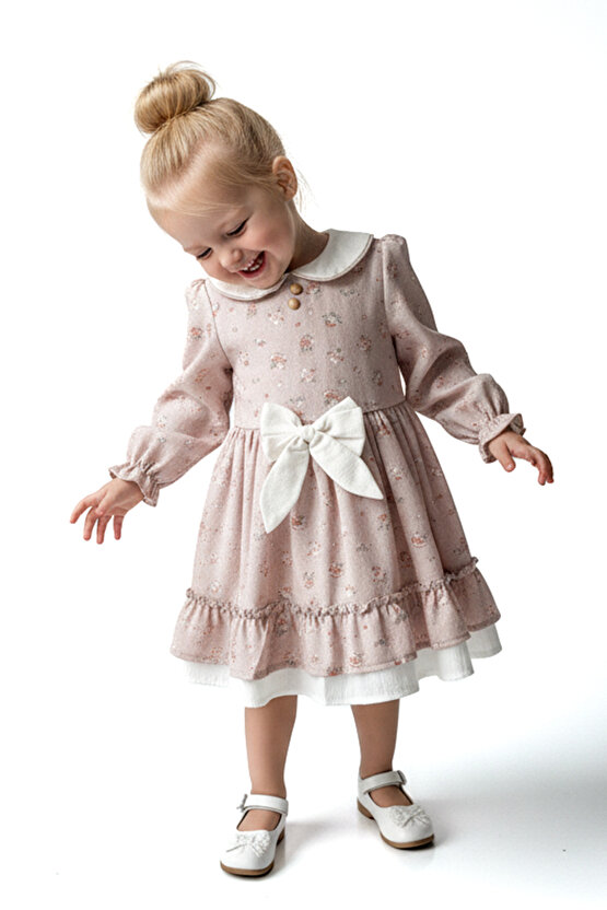 Kız Bebek Elbise Kız Çocuk Elbise Yakalı Doğum Günü Parti Düğün Özel Gün Uzun Kol Fiyonklu Çiçekli