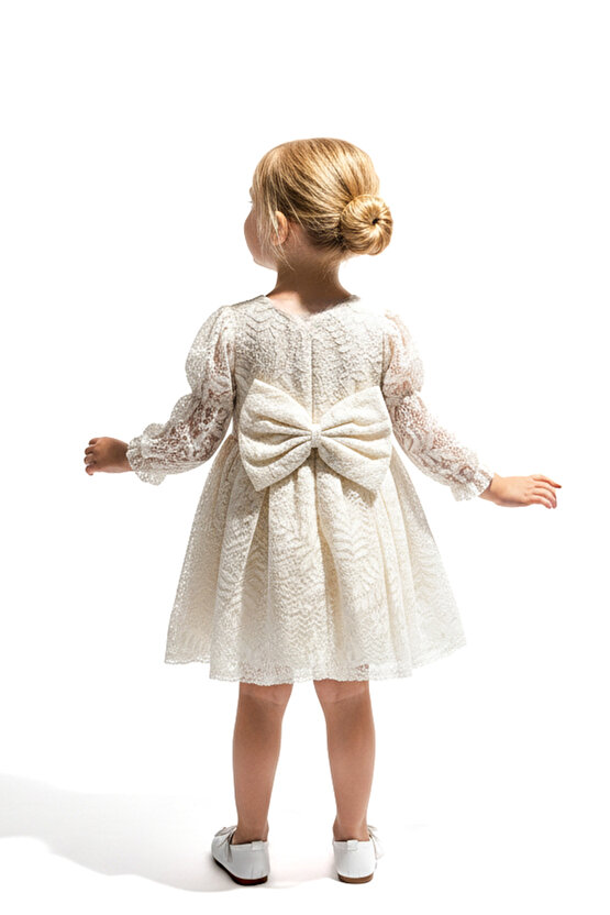 Kız Bebek Elbise Kız Çocuk Elbise Dantelli Doğum Günü Parti Düğün Özel Gün Uzun Kol Astarlı Fiyonklu