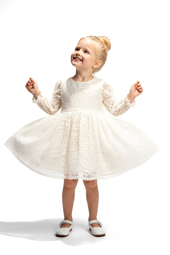 Kız Bebek Elbise Kız Çocuk Elbise Dantelli Doğum Günü Parti Düğün Özel Gün Uzun Kol Astarlı Fiyonklu