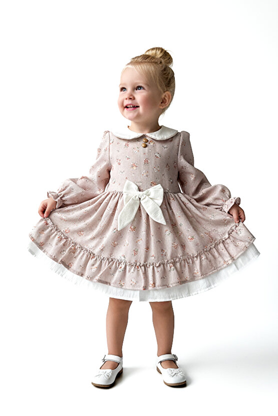 Kız Bebek Elbise Kız Çocuk Elbise Yakalı Doğum Günü Parti Düğün Özel Gün Uzun Kol Fiyonklu Çiçekli