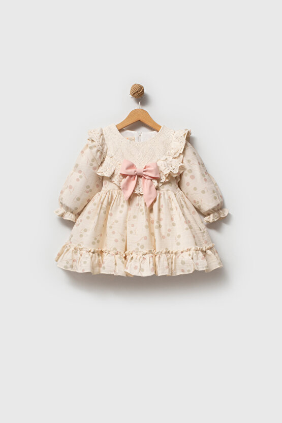 Kız Bebek Elbise Kız Çocuk Elbise Puanlı Doğum Günü Parti Düğün Özel Gün Uzun Kol Fiyonk Astarlı