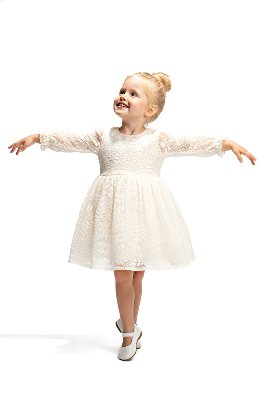 Kız Bebek Elbise Kız Çocuk Elbise Dantelli Doğum Günü Parti Düğün Özel Gün Uzun Kol Astarlı Fiyonklu